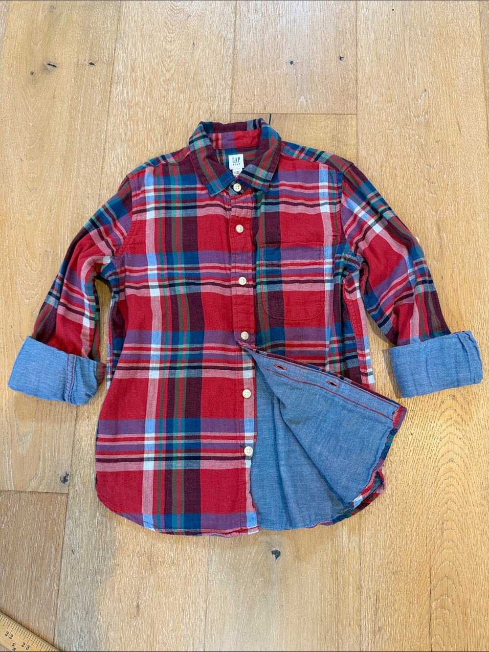 GAP Red and Blue Plaid Button-Down Shirt with Chambray Cuff